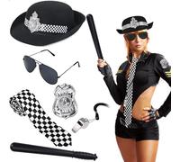 Dearlan 6 Pcs Police Costume Accessories Set Includes Police Hat Black Glasses Tie Plastic Baton Badge Whistle for Women Party Dress Up Supplies
