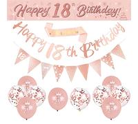 DEARLIVES 14 Pcs 18th Happy Birthday Decor,Rose Gold 18th Birthday Party Supplies Including Happy 18th Birthday Banners Birthday Straps Triangle Flag Bunting Confetti Latex Balloons (18th Birthday)