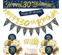 DEARLIVES 30th Birthday Decorations - Blue Gold Happy Birthday Banner, Balloons, Bunting Flags, Sash, Cake Toppers for Men & Women's 30th Party Supplies, L3AM5970F01