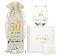DEARLIVES 50th Birthday Wine Glasses - Personalised Gold Wine Glass Gifts, 17 Oz Bottle Bags for Women & Men
