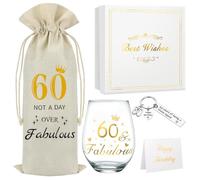 DEARLIVES 60th Birthday Wine Glasses - Personalised Cheers Presents, Gold 60 Oz Bottle Bags for Women & Men