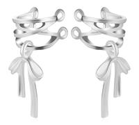 DEARMAMY 1 Pair Silver Bow Ear Cuffs - Non-Piercing Cartilage Earrings for Women, Dainty Wrap Around Helix Ear Jewelry, Wedding & Bridal Fashion Accessories