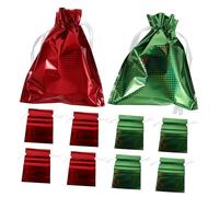 DEARMAMY 12PCS Christmas Drawstring Gift Bags Holographic Foil Goodie Pouches for Party Treats and Presents Small Holiday Wrapping Bags for Birthday and Holiday Packaging