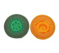 DEARMAMY 2pcs Handmade Embroidered Buddhist Sound Bowl Cushions, Rounded Religious Meditation Pads, Small 10cm Green and Orange Mats for Yoga and Healing