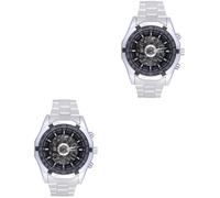 DEARMAMY 2pcs Winner Automatic Mechanical Watch for Men Round Skeleton Dial Comfortable Stainless Steel Band