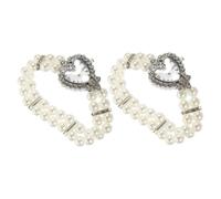 DEARMAMY 2pcs Women Heart Shaped Quartz Wrist Watch Crystal Rhinestones Pearl Elastic Bracelet Bling Vintage Small Band Ladies Party Jewelry