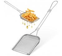 DEARMAMY 304 Stainless Steel Square Mesh Skimmer, Fine Mesh Colander Spoon with Long Handle, Heavy Duty Fry Ladle & Oil Fat Skimmer Scoop for Kitchen Deep Frying & Cooking, Silver
