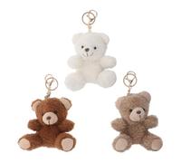 DEARMAMY 3pcs Cute Plush Curly Sitting Bear Keychain Set - Small Stuffed Animal Bag Pendant with Gold Metal Clip - White, Dark Brown Coffee Color - Furry Bear Decoration for Handbag