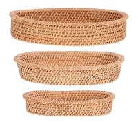 DEARMAMY 3pcs Handwoven Oval Rattan Basket Set, Handmade Rattan Bread and Fruit Serving Trays, Natural Woven Kitchen Storage Organizer for Tabletop Food and Snack Display