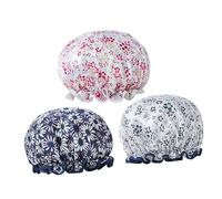 DEARMAMY 3Pcs Shower Caps with Printed Design Double Layer Bathing Caps for Women Elastic Bathing for Home and Salon Use Red Flower Navy Blue Small Flower Navy Blue Large