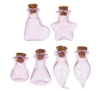 DEARMAMY 6pcs Mini Glass Bottles with Cork Lids, Pink Lace Rim Small Decorative Jars Set Including Flat Bottom, Drop, Tilted Heart, Chili, and Star Shapes, for DIY Crafts, Home