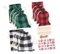 DEARMAMY Christmas Drawstring Gift Bags with Lattice Pattern Reusable Cotton Linen Candy and Chocolate Treat Bags Includes Heart Stickers Clips and Rope for Xmas Party Favors and Small