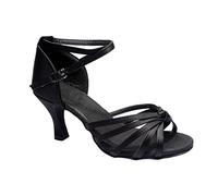 DEARMAMY High-Heeled Dance Shoes for Latin Dancing Featuring Knotted Straps Open-Toe Design and Satin Material for Performance Stage Black