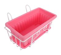 DEARMAMY Rectangular Hanging Flowerpot Stand Set with Pink Plastic Planter, White Metal Rack and Drip Tray, Garden Accessories for Balcony Railing and Outdoor Planting