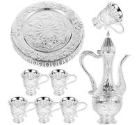DEARMAMY Turkish Tea Pot and Metal Wine Cup Set with Tray Silver Vintage Style Decorative Wine Pot Kit for Home Tea Parties and Hotel Serving with 6 Metal Cups