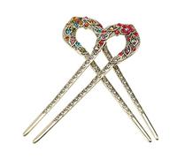DEARMAMY Vintage Rhinestone Double Prong Hair Stick 2pcs U-shape Hair Dovetail Clips for Women's Bun Styling Colorful and Red Hairpins for Elegant