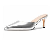 DearOnly Womens Pointed Toe Kitten Heel Mules Slip-on Stiletto Mid Heel Sandals Prom Dress Shoes 2.6 Inches Heels, Silver, 7 UK