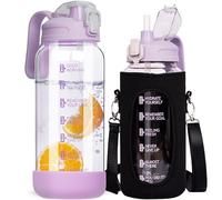 DEARRAY 1.5 Litre Glass Water Bottle with Straw & Time Markings - Large Leakproof Motivational Drinking Bottle - BPA Free Glass Carafe