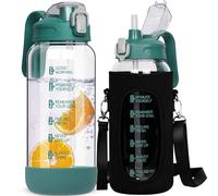 DEARRAY 2 Litre Glass Water Bottle with Straw & Time Markings - Leakproof Motivational Drinking Bottle - Big Pitcher Jug with Lid - BPA Free