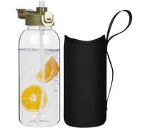 DEARRAY 2l Glass Water Bottle with Straw & Neoprene Sleeve 2 litre BPA free Large Glass Drinking Bottle Leakproof
