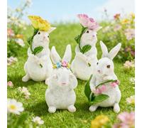 DearSun Easter Bunny Figurines Set of 4, White Resin Rabbit Statues with Flower Decor, Cute Spring Tabletop Decorations for Home, Shelf, Garden, Party Centerpiece