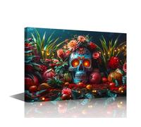Death Day Canvas Wall Art Modern 1 Panel Skull Wall Art Decor Mexican Skull Poster Prints on Canvas for Bedroom Office Wall Art Decoration Stretched and Framed Ready to Hang 24x16 Inch