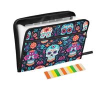 Death Day Skull Pattern Expanding File Folder with Sticky Labels, 13 Pockets Accordion File Folder Document Organizer with Zipper Closure