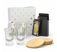 Death Decor Gold Rim Shot Glass Gift Set - 4 x 1 oz Glasses with Golden Rim, 30 Napkins, 4 Coasters & Black and Gold Playing Cards - Whiskey & Tequila Barware Gift for Parties & Weddings