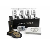Death Decor Gothic Shot Glass Gift Set - 4 Shot Glasses (1 oz), Black Coasters, Waterproof Playing Cards & 30 Napkins for Parties, Weddings & Bars