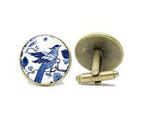 Death Devil Blue and White China Pottery Delftware Cufflinks with Bird Design Gift for him,Gift of Love