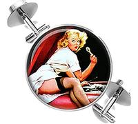 Death Devil Handmade Cuff Links,Cufflinks Pinup Girl on Hood of Red Car with Wrench Groomsmen Wedding Party Fathers Dads Men,Gift of Love