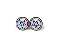 Death Devil Pentagram Earrings Pastel Goth Accessories Pastel Goth Earrings eGirl Jewelry Soft Grunge Holographic Earrings Fuck Off Earring Fuck Jewelry