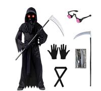 Death Note Costume, Halloween Grim Reaper Costume Set with Glowing Red Eyes, Scythe, Skeleton Gloves Clothing Belts (M)