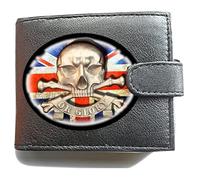 Death or Glory RFID Blocking Leather Wallet with Union Jack Skull Emblem - Large Coin Pocket, 7 Card Slots, 10 Total Pockets - Vintage British Punk Biker Style