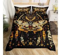 Death Psychedelic Moth Duvet Cover Double Size,Star Moon Comforter Cover for Adults Kids Bedroom Decor,Dream Catcher Feathers Exotic Charm Decorative Bedding Set(No Comforter),2 Pillowcases