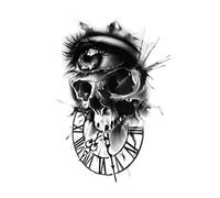 Death Skull (eye on time) Temporary Tattoo - Clock, Eye and Skull for Shoulder/Arm, Grey and Black Shading, Waterproof Transfer for Men, Women, Kids 15cm x 21cm - By Delusion Tattoos