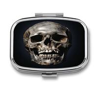 Death Skull Small Pill Box for Purse Travel Essentials Metal Pill Case 2 Compartments Compact Medicine Container Portable Daily Pill Organizer for Vitamins Fish Oils