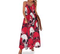 Death Skulls Blood Splatter Women's Maxi Dress Sexy Spaghetti Strap CutFlowy Swing Long Dresses