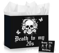 Death to My 20s Birthday Gift Bag 30th Ghost Skeleton Wrapping Paper with Tissue Paper Greeting Card Black Gothic Thick Wrap Bag Funeral for My 20s Party Supplies Ghost Skeleton Favors for Men Women