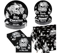 Death To My 20s Decorations - Black 30th Birthday Decorations Including Rip to my 20s Paper Plates, Napkins, Skull Tablecloth for Halloween Party 30th Birthday Rip 20s Birthday Decorations, Serve 40