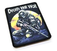 Death Will Wait Sniper Morale Patch Fabric Vest Badge Reaper Tac Skull 9cm x 7cm Hook & Loop Airsoft Forces Military Patches