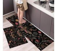 Death'S-Head Moth Kitchen Rug Sets, 2 Piece Non Slip Kitchen Mats Vine Flowers Runner Set with Rubber Backing Super Absorbable Washable Floor Mats 50x80cm+50x150cm Black