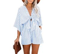 DEAUXS Women Casual Loose Romper Soft Wide Leg Striped Flared Deep V Jumpsuit Baggy Playsuit Straps with Pockets