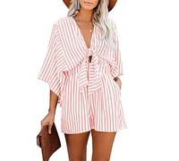 DEAUXS Women Casual Loose Romper Soft Wide Leg Striped Flared Deep V Jumpsuit Baggy Playsuit Straps with Pockets