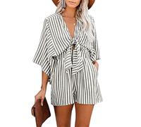 DEAUXS Women Casual Loose Romper Soft Wide Leg Striped Flared Deep V Jumpsuit Baggy Playsuit Straps with Pockets