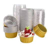 DEAYOU 100-Pack Aluminum Foil Baking Cups with Lids, 5oz Disposable Muffin Cupcake Ramekins, 3" Recyclable Cupcake Foil Liners Mini Tart Pie Tin Pan Holder for Souffle, Pudding, Party, Wedding, Gold
