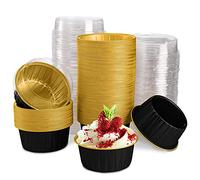 DEAYOU 100 Pack Aluminum Foil Baking Cups with Lids, 5oz Disposable Ramekins Muffin Cups, 3" Cupcake Foil Liners Tart Pie Tin Pan Holder for Pudding, Souffle, Party, Wedding, Black Gold Color