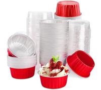 DEAYOU 100 Pieces Aluminum Foil Baking Cups with Lids, 5oz/125ml Disposable Ramekins Muffin Cups, 3" Cupcake Foil Liners Tart Pie Tin Pan Holder for Pudding, Souffle, Party, Wedding, Red Color