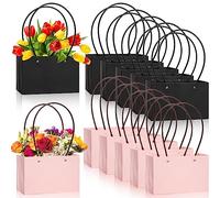 DEAYOU 12 Pack Kraft Paper Flower Gift Bags, Bouquet Bag Box with Handle, Small Paper Carrier Tote Bags with Waterproof Lining for Floral Arrangement, Party Favor, Packaging, Ultra Thick, Black, Pink