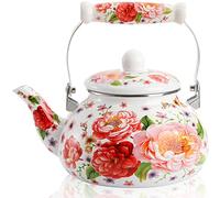 DEAYOU 2.6 Quart Enamel Tea Kettle Stovetop, Large Porcelain Enameled Teakettle, 2.5L Vintage Tea Pot with Ceramic Cool Handle, Colorful Floral Steel Teapot for Hot Water, Retro Decor, No Whistling